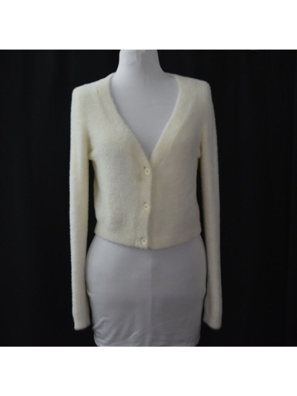 KatieJ NYC White Fuzzy Cardigan Sweater Small Cropped Button Up Nylon